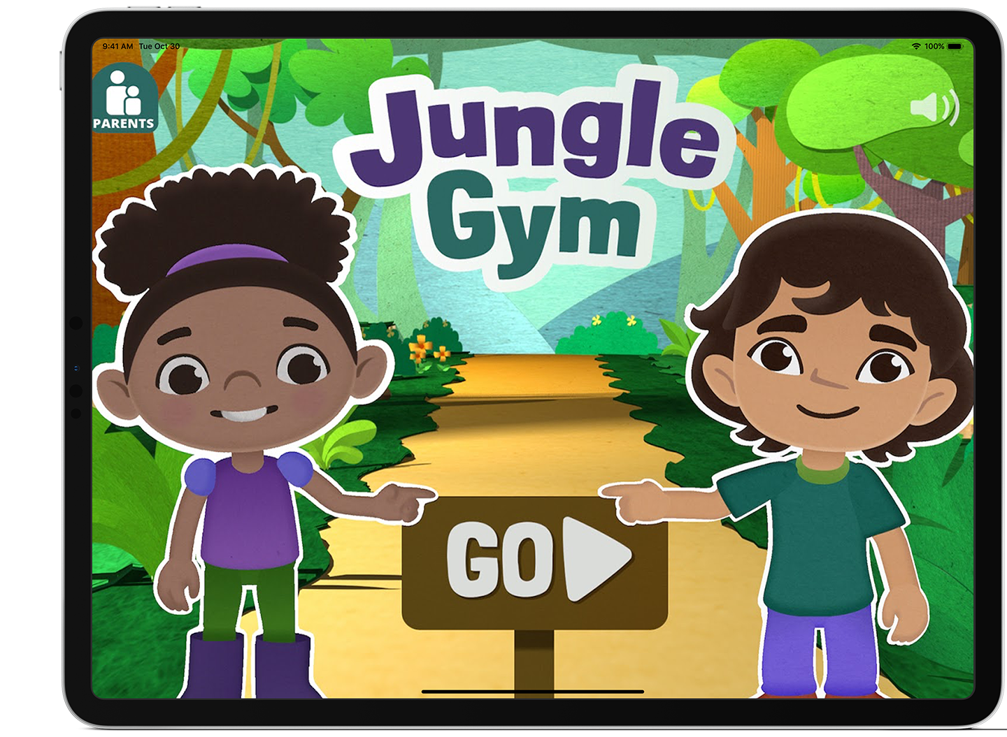 Jungle Gym - illustrated opening screen with two kids