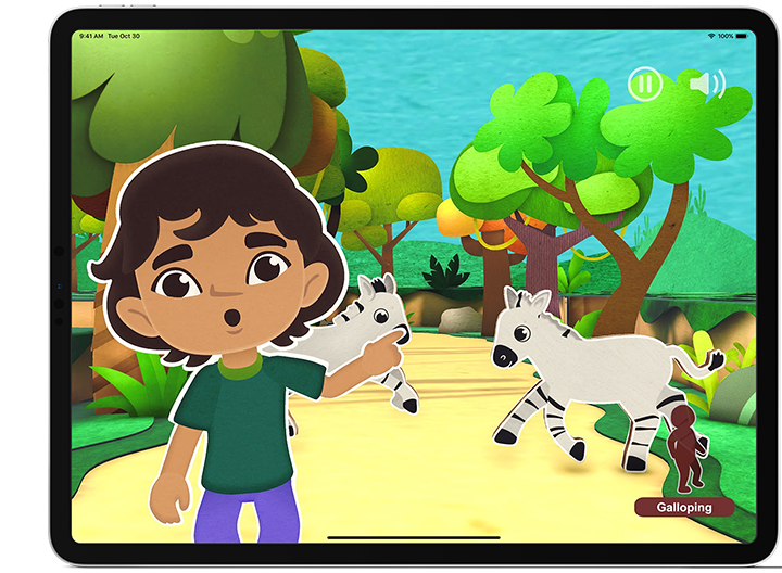 Jungle Gym - illustrated  screen with character in jungle with zebras